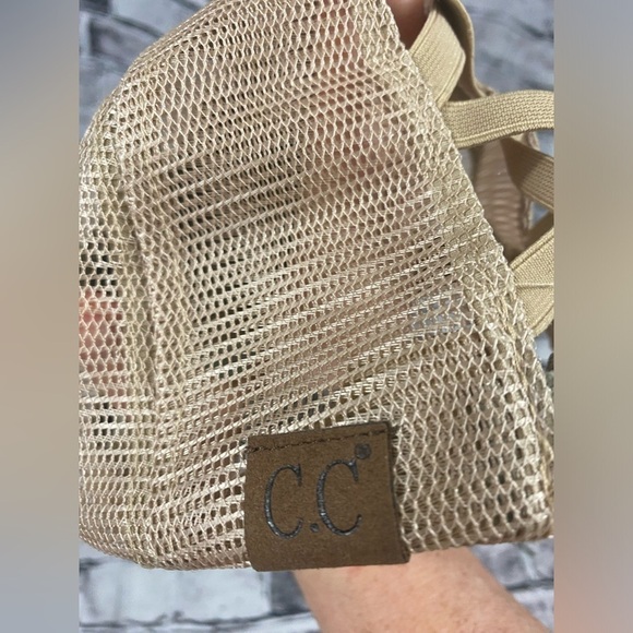 C.C. Crisscross Band Ponytail Hat ENID AXE Distressed Tan Cap - Picture 7 of 8